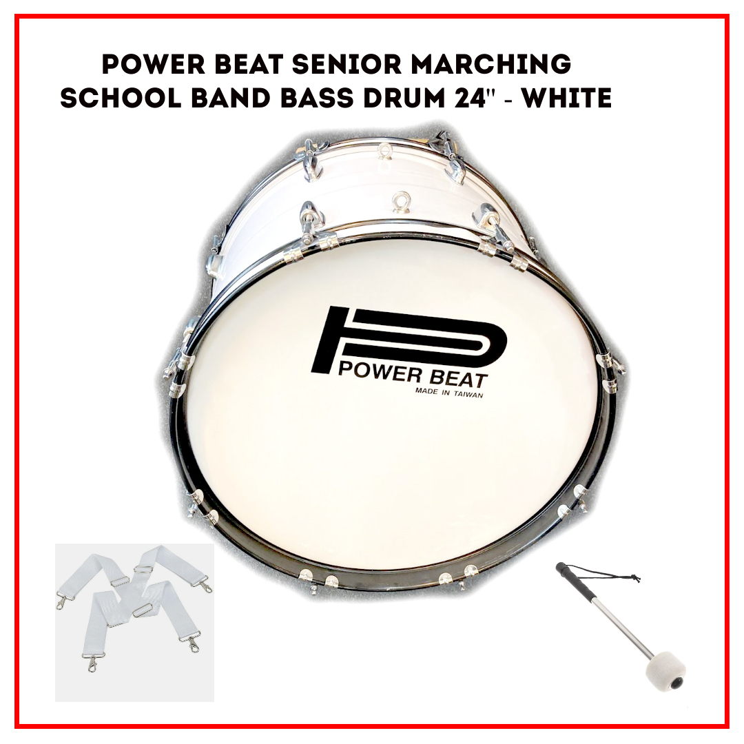 Power Beat Senior Marching School Band Bass Drum 24'' X 14'' - White